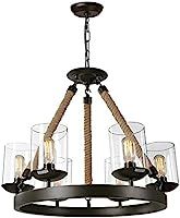 LNC A02992 Retro Rustic Chandelier 6-Light Antique Ceiling Lamp, Hemp Rope with Glass Shade, Brown | Amazon (US)