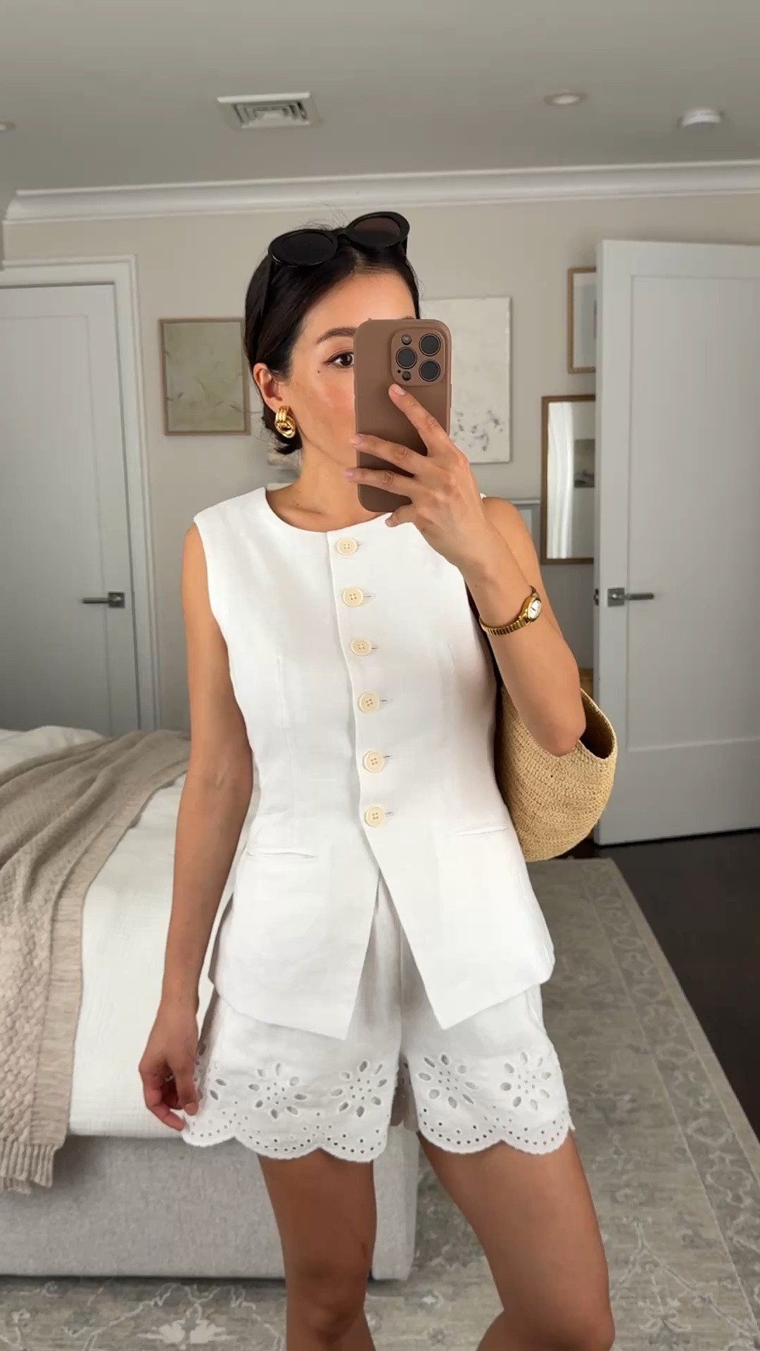 Sizing info below! 
• Linen vest 00, tts with a cinch back tie 
• Linen eyelet shorts XXS, a little loose at my waist 
• Loeffler Randall sandals 5.5, I’m usually between sizes and took my bigger half 
• sezane straw tote
• Madewell oval sunglasses

Classic elegant spring summer outfits, Europe travel capsule wardrobe ideas, petite style, white linen set

#LTKPetite #LTKTravel #LTKSeasonal