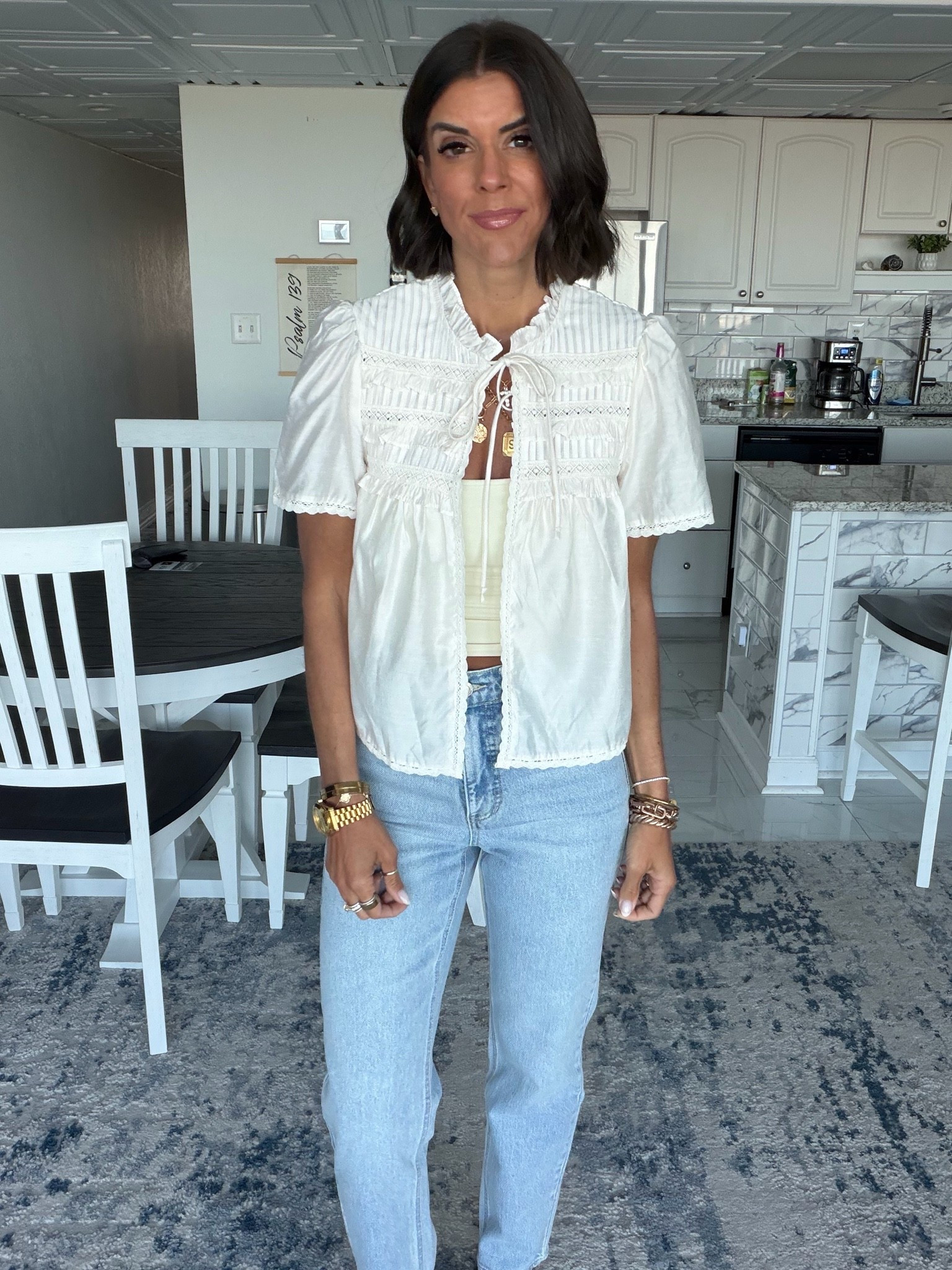 Size xs in Walmart blouse
Size 0 in jeans

#LTKSeasonal #LTKootd #LTKgrwm