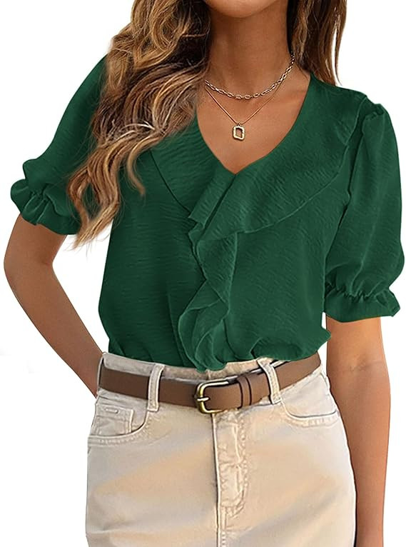PRETTYGARDEN Women's Summer Dressy Casual Blouses 2026 Short Sleeve V Neck Ruffle Business Work T... | Amazon (US)