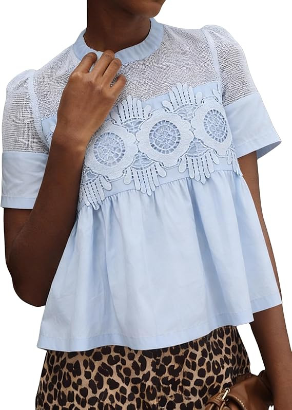 PUWEI Womens Short Sleeve Lace Blouse Sheer Mesh Flowy Poplin Babydoll Shirts Crewneck Casual Ele... | Amazon (US)