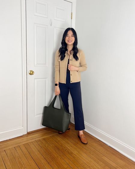 Camel sweater jacket (XSP)
Brown tank top (XS/S)
Navy pants (4P)
Olive green tote bag
Brown loafers (TTS)
Business casual outfit
Neutral work outfit
Ann Taylor outfit
Cuyana System tote

#LTKworkwear #LTKSeasonal #LTKstyletip