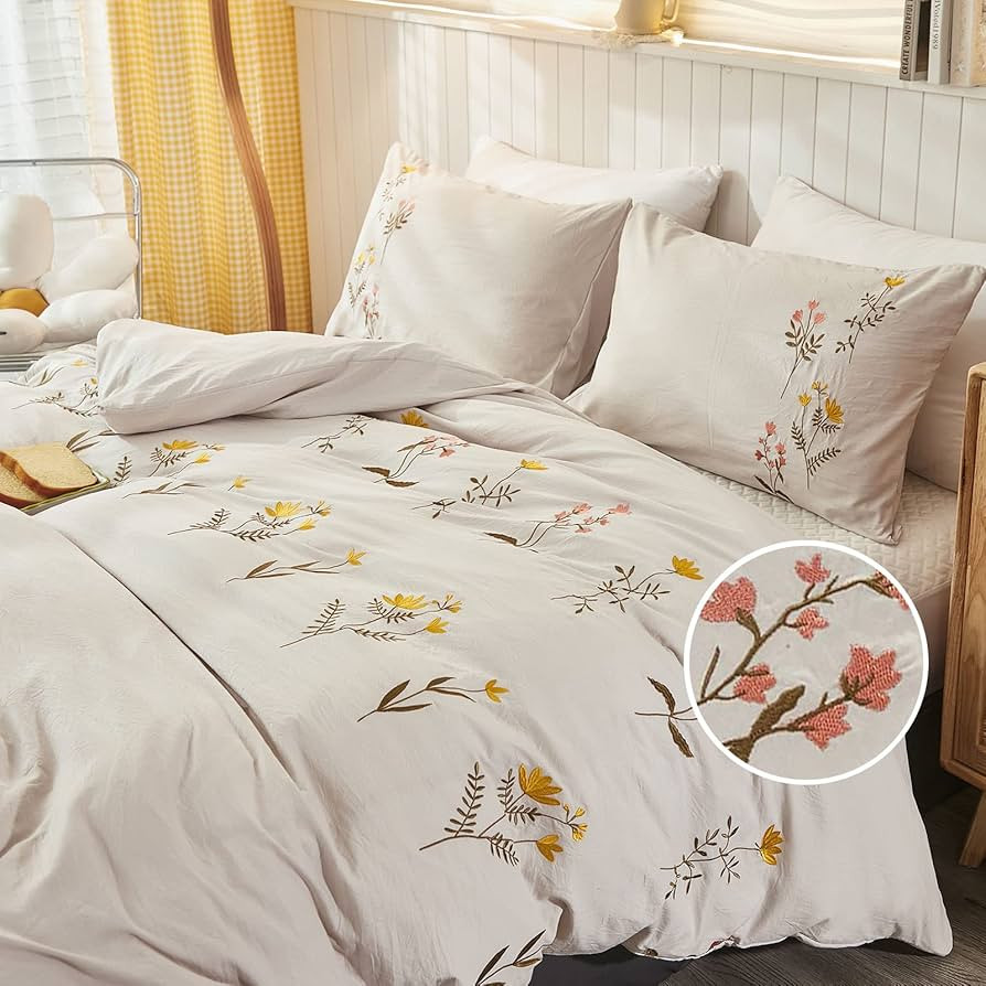 Bedbay Beige Boho Duvet Cover Twin Size Aesthetic Floral Bedding Set Embroidered Flowers Design 3... | Amazon (US)