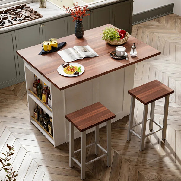 3 Pieces Kitchen Island Set with Storage Cabinet, Drawers, and 2 Stools | Wayfair North America