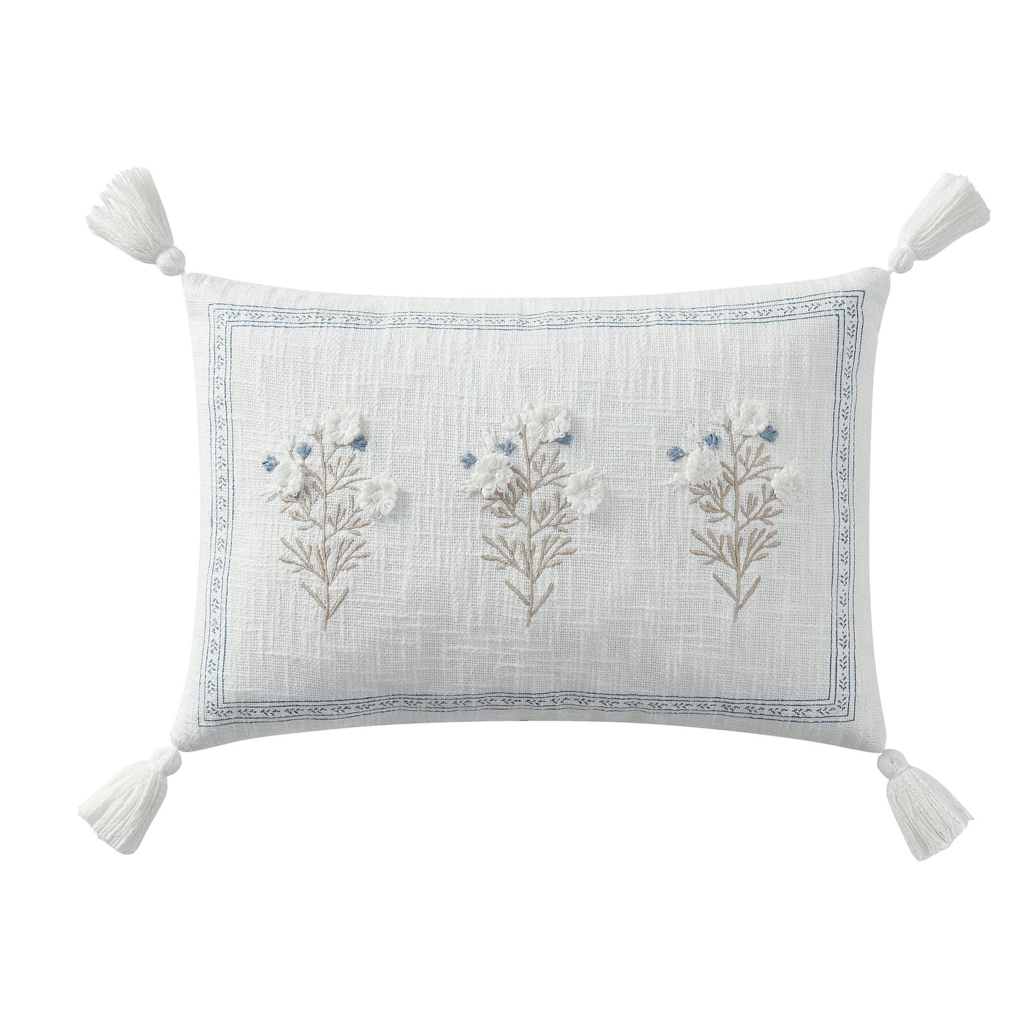 My Texas House Hailey 14" x 20" Oblong Floral Embroidered Cotton Decorative Pillow, Ivory/Blue | Walmart (US)