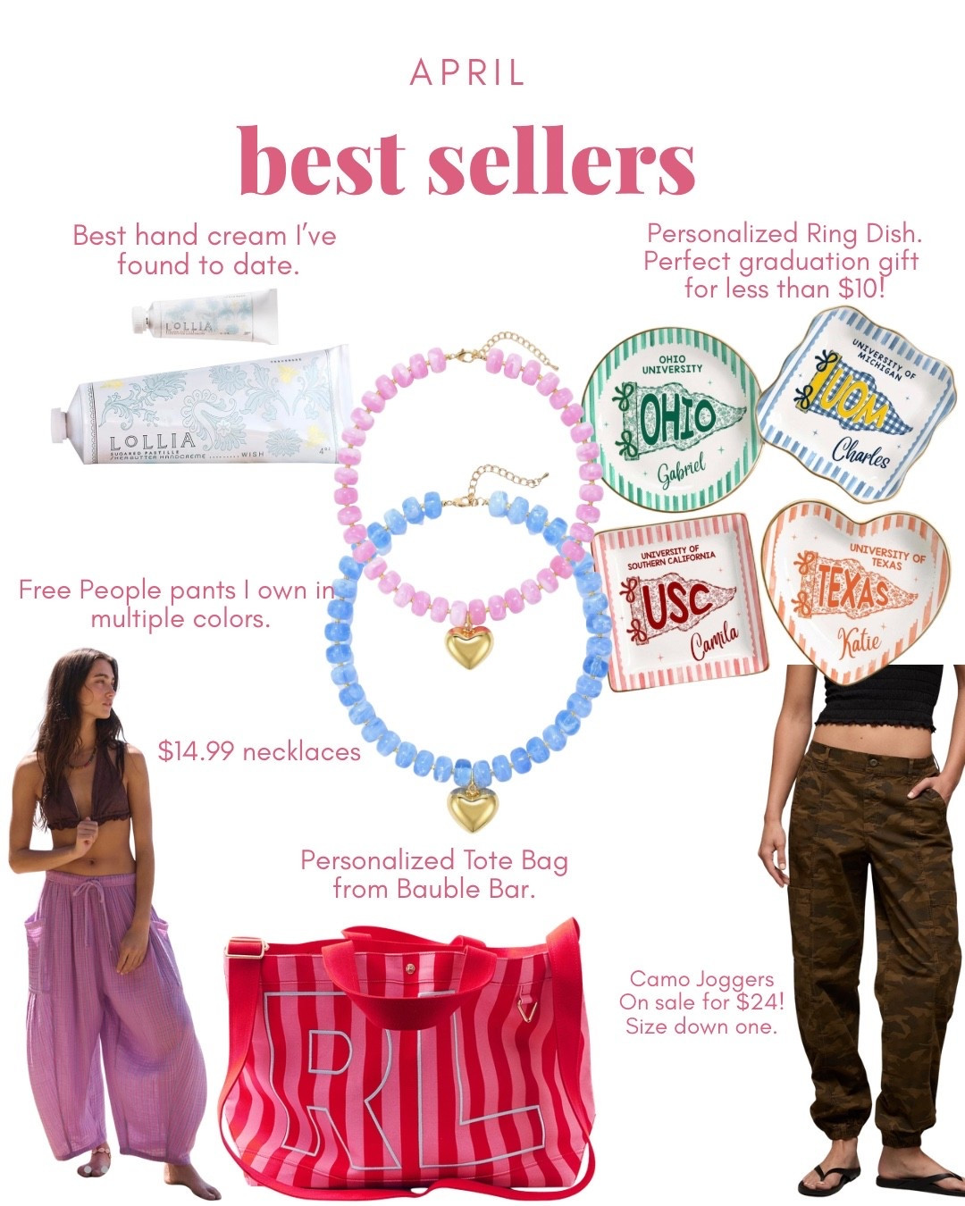 April Best Sellers

Hand Cream
Personalized Graduation Gift
Beaded Necklace 
Camo Pants
Free Peoplr Pants
Personalized Tote Bagg