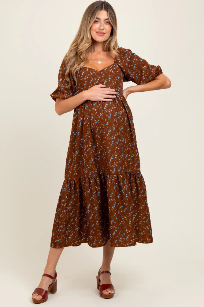 Mocha Floral Sweetheart Puff Sleeve Maternity Midi Dress | PinkBlush Maternity