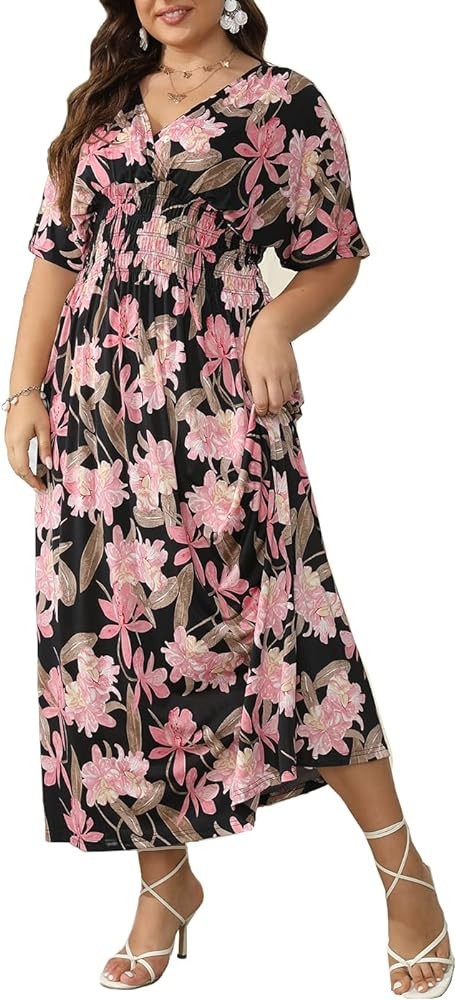 OSTOO Women's Plus Size Hawaii Empire Waist Bat Short Sleeve Casual Floral Print Boho Maxi Dress | Amazon (US)