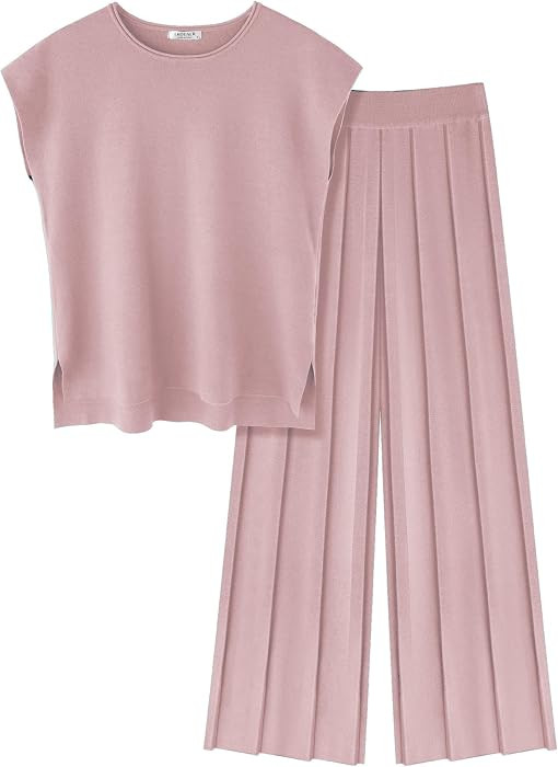 Ekouaer Lounge Sets for Women Two Piece Outfits Knit Cap Sleeve Tops Wide Leg Pleated Pants Casual Dressy Sweater Sets | Amazon (US)