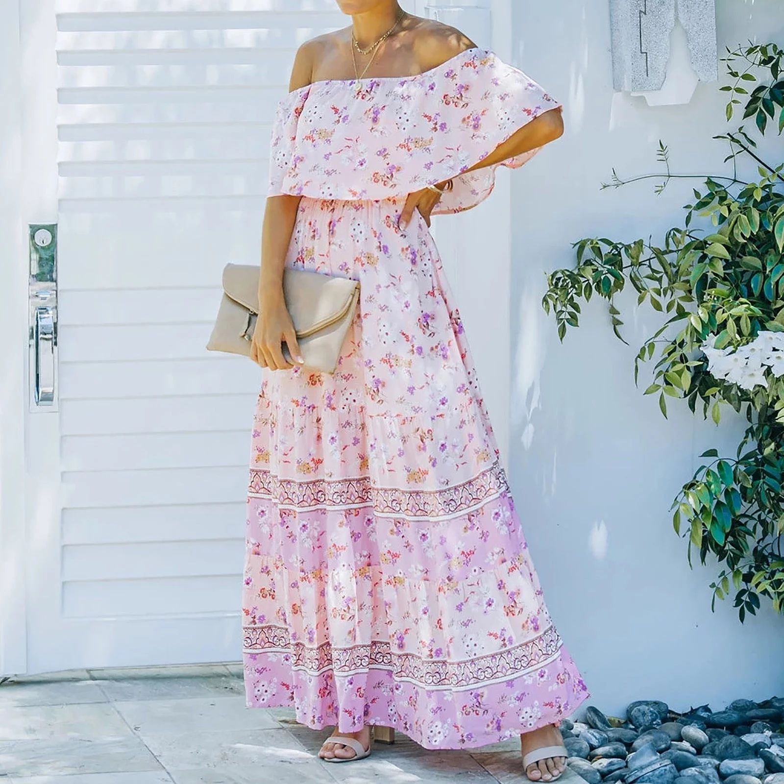 Lopecy-Sta Floral Print Dresses for Women Off the Shoulder Boho Dress Summer Pink - XL | Walmart (US)