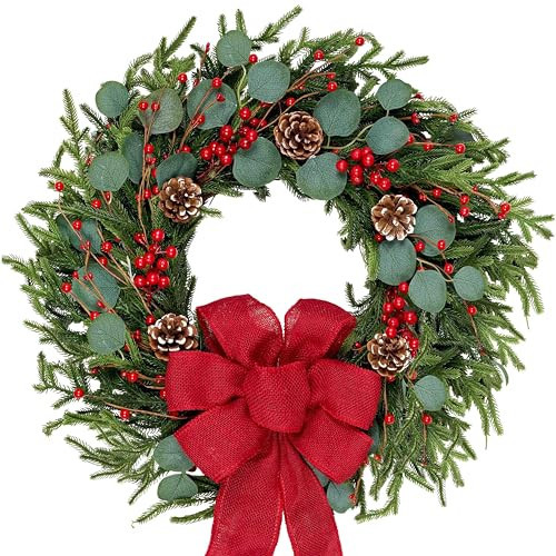zjlmit Artificial Christmas Wreath 24Inch Christmas Wreaths for Front Door Norfolk Pine Wreath with Eucalyptus Leaves Red Berries Pine Cones Red Bow for Wall Indoor Outdoor Winter Xmas Decoration | Amazon (US)