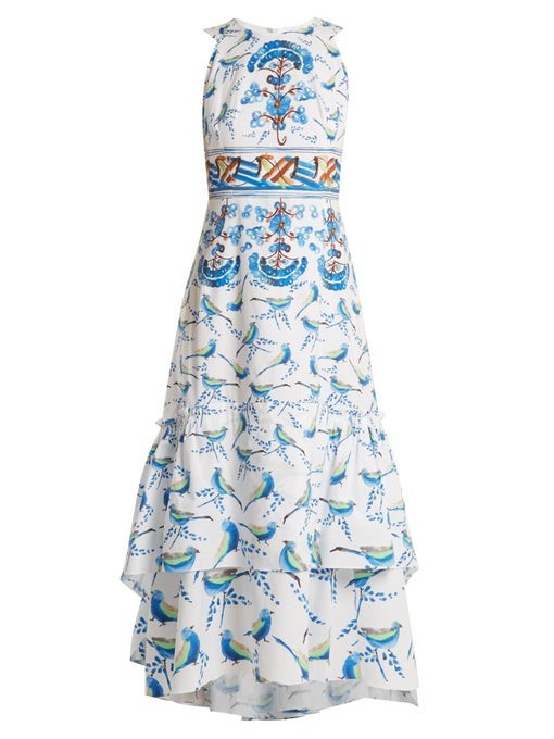 Sleeveless bird-print stretch-cotton midi dress | Matches (UK)