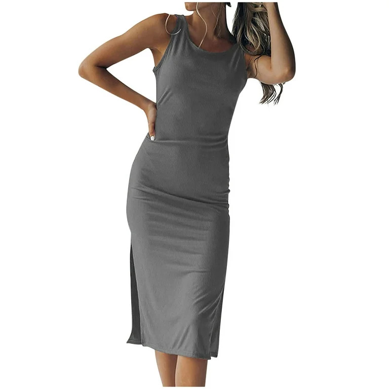 BLVB Women's Sleeveless Tank Dress Slim Casual Crewneck Midi Knit Ribbed Dress with Slit Party Cl... | Walmart (US)