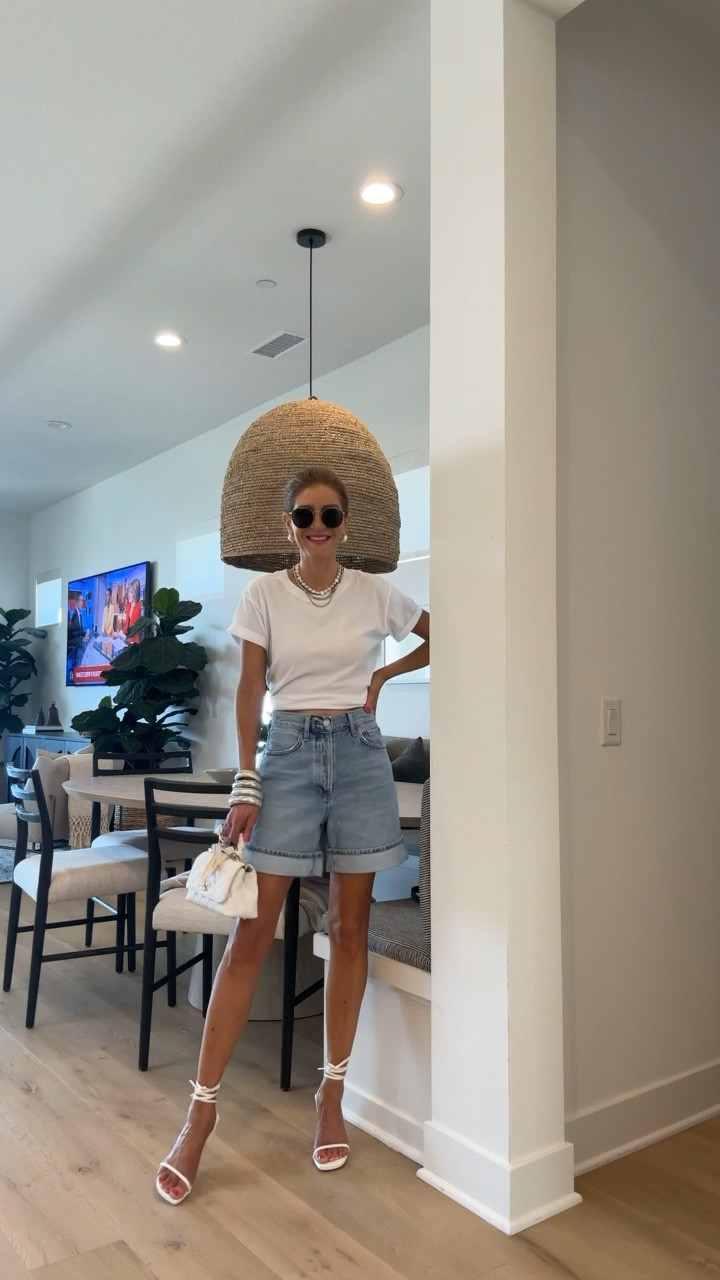 Favorite white tee, longer agolde jean shorts (i sized down one) and some lace up sandals for Friday!! 

#LTKFindsUnder100 #LTKStyleTip #LTKFindsUnder50