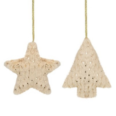 Northlight Sequin Faux Fur Star and Christmas Tree Ornaments - 4.25" - Beige - Set of 2 | Target