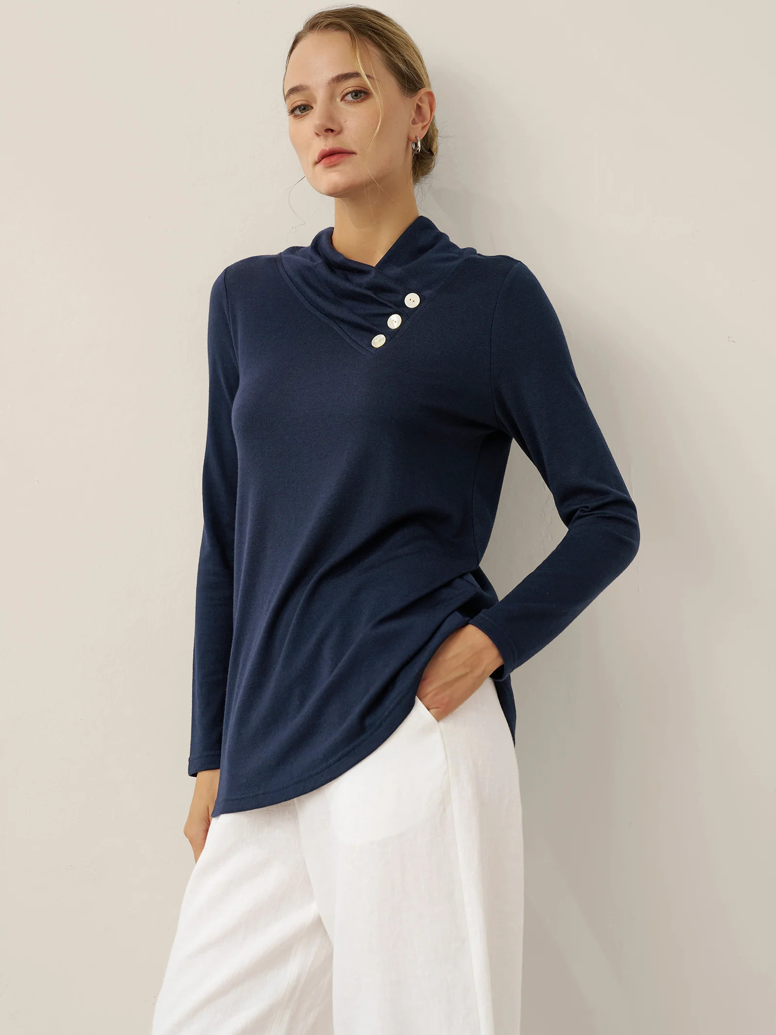 Cashmere Asymmetric Cowl Neck Stretch Top TATIANA | LINTICO