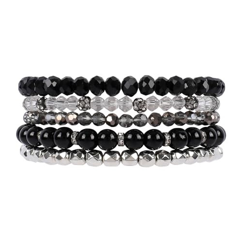 Bohemian Black Beaded Bracelets for Women 5Pcs Stackable Glass Beads Stretch Bracelets Boho Multilayered Sliver Disco Ball Faceted Crystal Beads Bracelet Set Handmade Trendy Jewelry Gift for Women Men | Amazon (US)
