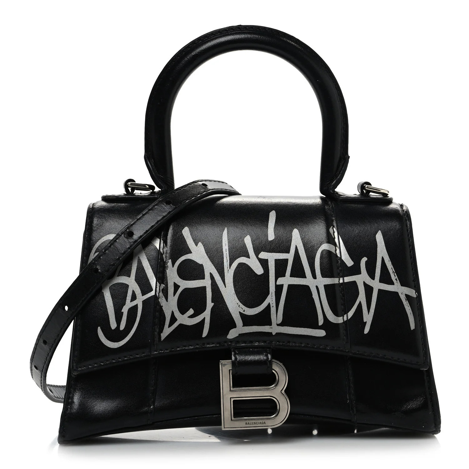 Balenciaga Box Calfskin Graffiti Logo Hourglass Top Handle Bag XS Black Silver 1698782 | FASHIONPHILE (US)