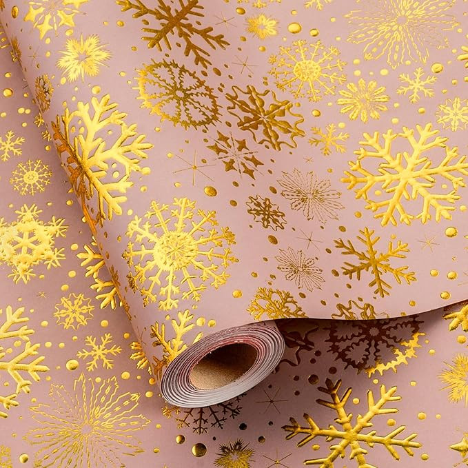Homeral Pink Christmas wrapping paper roll - 3D Embossed Gold Metallic Foil Shine Snowfalke on Pi... | Amazon (US)