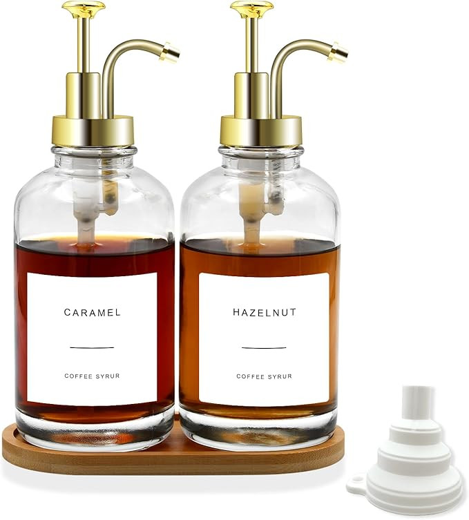 2-Pack Coffee Syrup Dispenser for Coffee Bar, 16.9 oz 500 ml Glass Syrup Bottle with 36 Labels an... | Amazon (US)