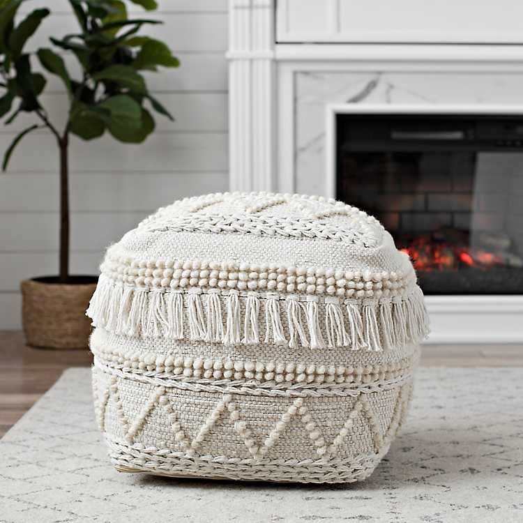 Ivory Braided and Wool Fringe Pouf | Kirkland's Home