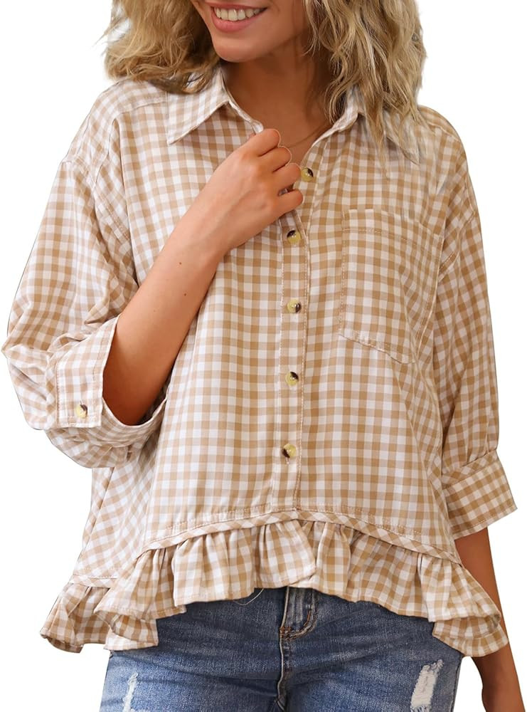 CHYRII Womens Summer Tops Dressy Casual Blouse Top Ruffled Short Sleeve Button Down Striped Shirt | Amazon (US)