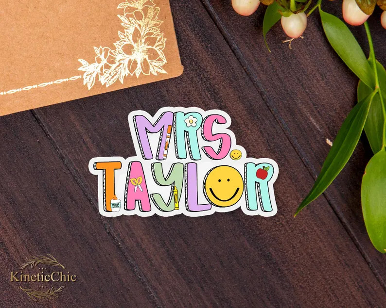 Personalized Teacher Name Sticker, Custom Water Bottle Sticker, Journal Laptop Sticker, Teacher A... | Etsy (US)