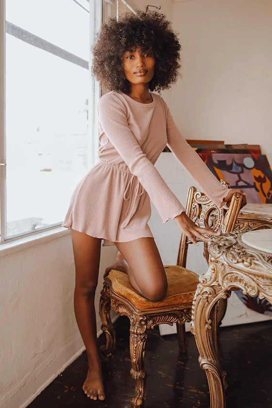 Warm Embrace Beige Ribbed Lettuce Edge Long Sleeve Romper | Lulus (US)