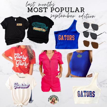 MOST POPULAR : SEPTEMBER!!
grab the rest of your college gear before its too late! I’m gonna share some more NFL apparel soon!! 
I ordered the sunnies when they were on sale and I am loving them!! They’re polarized and go with everything! Super sturdy too
I’m going to have to order this hot pink romper too bc it is sooo cute!   

#gators #uf #duval #jags #jacksonville #uga #georgia #bulldogs #dawgs #romper #sunnies #amazon #miami #canes #hurricanes

#LTKSeasonal #LTKstyletip #LTKU