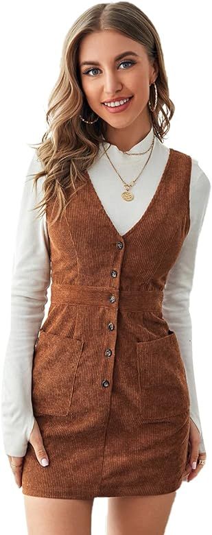 SheIn Women's V Neck Sleeveless Pocket Corduroy Button Pinafore Overall Mini Dress | Amazon (US)