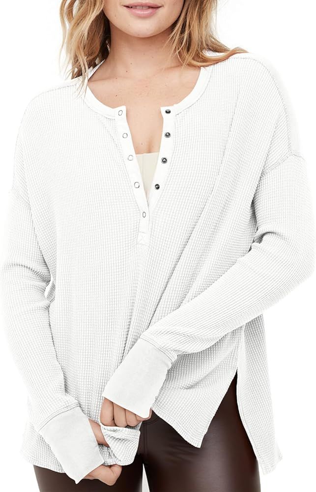 Tankaneo Womens Long Sleeve Henley Shirts Deep V Neck Waffle Knit Tunic Tops with Thumb Hole | Amazon (US)