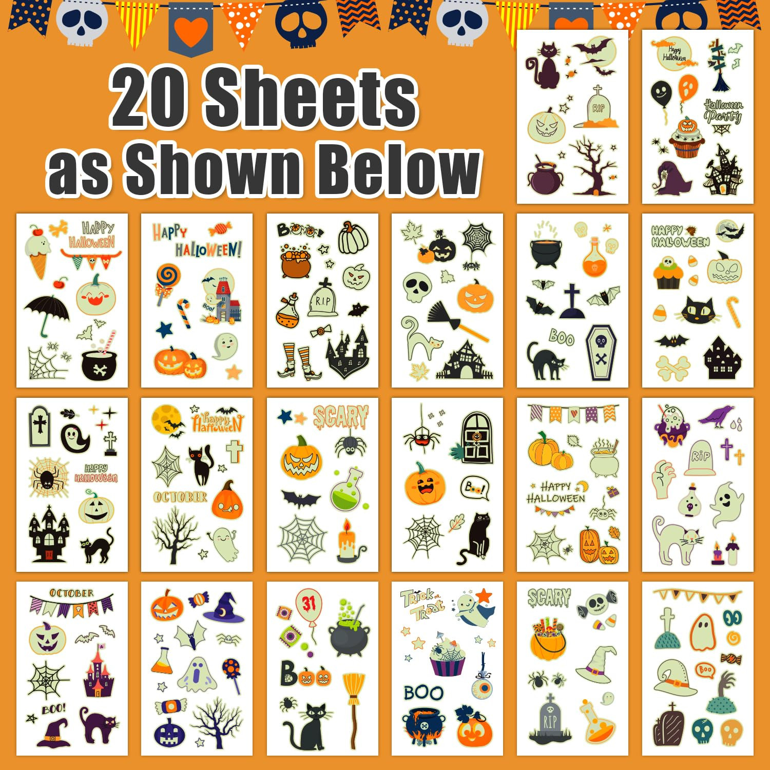 Partywind 195 Styles (20 Sheets) Glow Halloween Temporary Tattoos Party Decorations, Luminous Hal... | Amazon (US)
