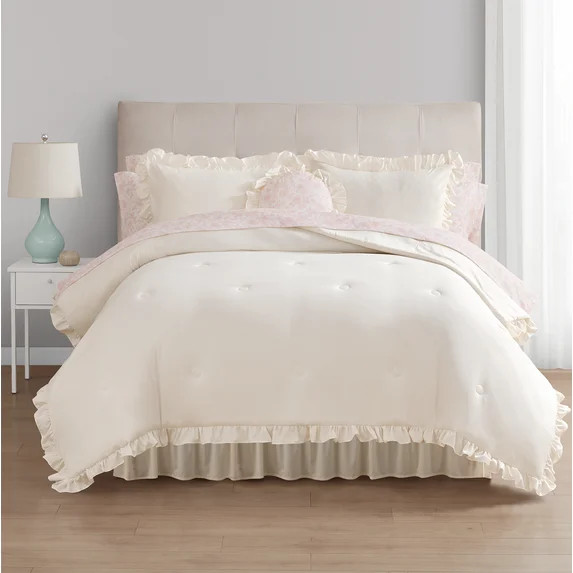 Mainstays All in One Reversible Comforter and Sheet set- 11 Piece, Queen, Cream Ruffle | Walmart (US)