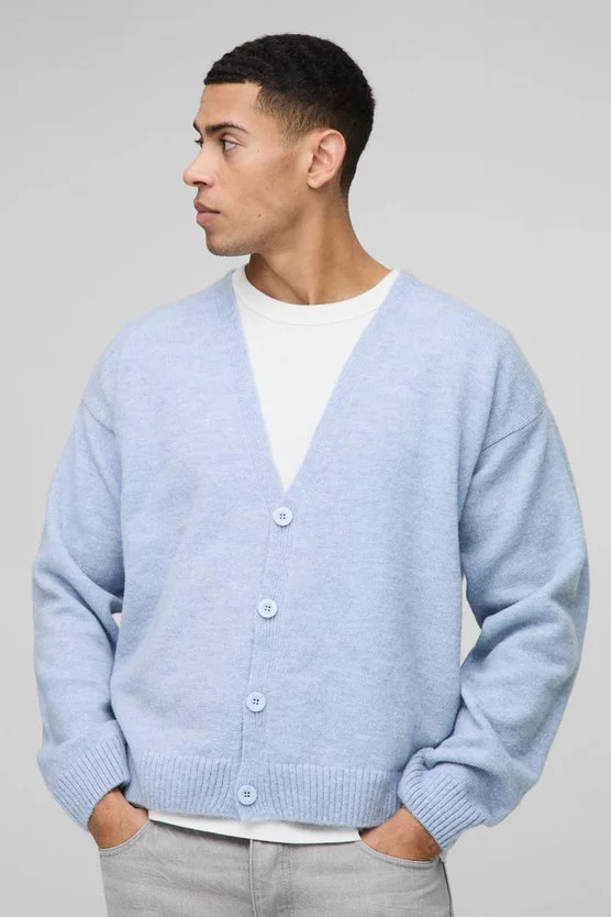 Oversized Boxy Drop Shoulder Fluffy Knitted Cardigan | boohooMAN (US & Canada)