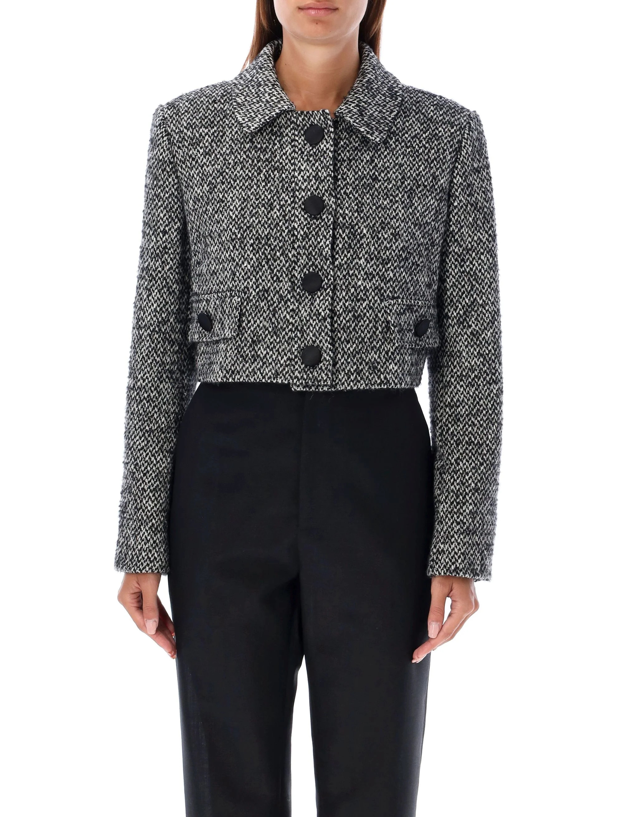 Dolce & Gabbana Women's Cropped Tweed Jacket in Black Melange | Size 44 | 24AF26K6TGDCNC Color S8000 | LOZURI