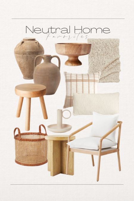 Some of my favorite finds for a neutral home. Decor accents such as terracotta urn vases, wood pedestal bowl, throw pillows, knit blanket, candlestick, and cane basket. Staple furniture pieces such as this accent chair, end table, and stool find.

#LTKhome #LTKstyletip