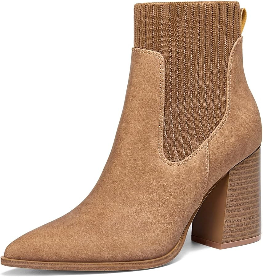 Coutgo Women Ankle Boots Sock Booties Pointed Toe Chunky Stacked High Heel Knit Chelsea Winter Dr... | Amazon (US)