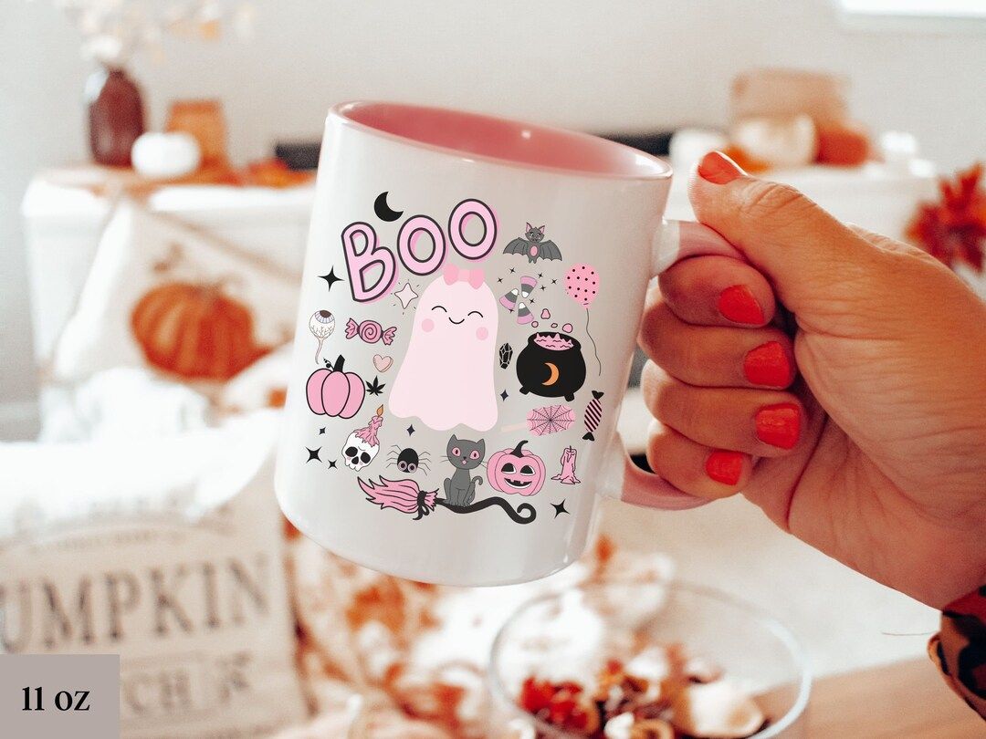 Pink Halloween Boo Ghost Coffee Mug, Pink Coffee Mug 11oz 15oz, Creepy Cute Ghost Coffee Cup, Kaw... | Etsy (US)