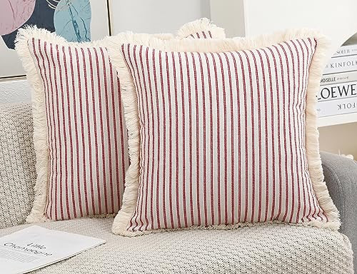 NUYECY Set of 2 Red Boho Throw Pillow Covers 20 x 20,Cotton Neutral Pillow with Tassel Fringe,Decorative Pillow Cover Pillow Case Cushion Cover for Bed Sofa Couch Farmhouse Living Room | Amazon (US)