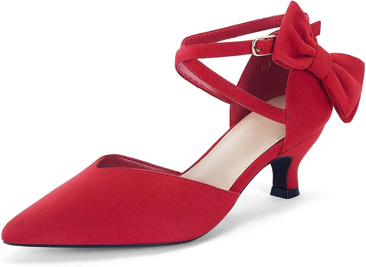 Coutgo Womens Low Kitten Heel Bow Heels Dress Shoes Closed Pointed Toe Ankle Strap Elegant Weddin... | Amazon (US)