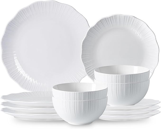 Porcelain Dinnerware Sets for 4, 12 Piece Plates and Bowls Set, Scratch-Resistant, Microwave & Di... | Amazon (US)