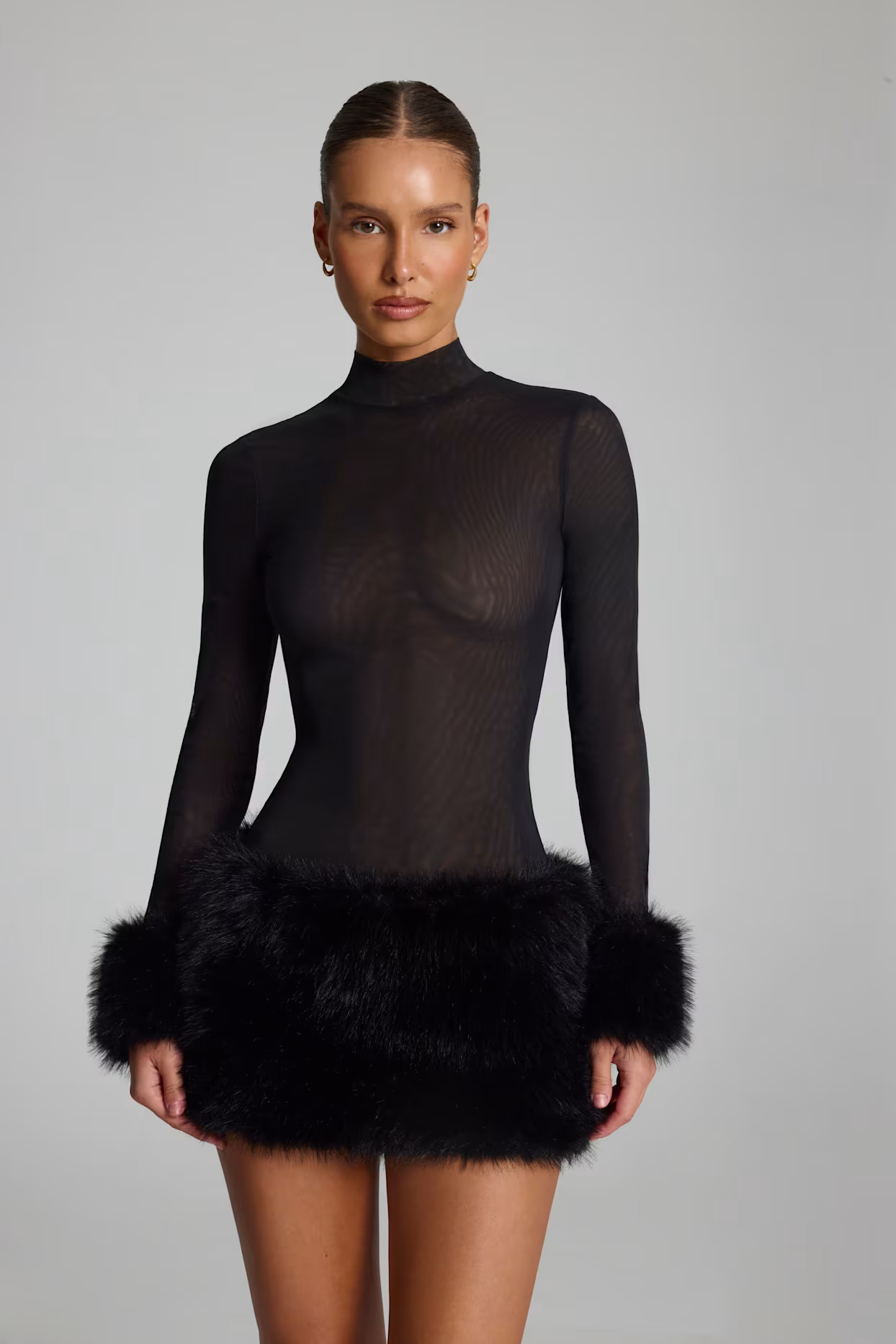 Faux Fur-Trim Turtleneck Mini Dress in Black | Oh Polly