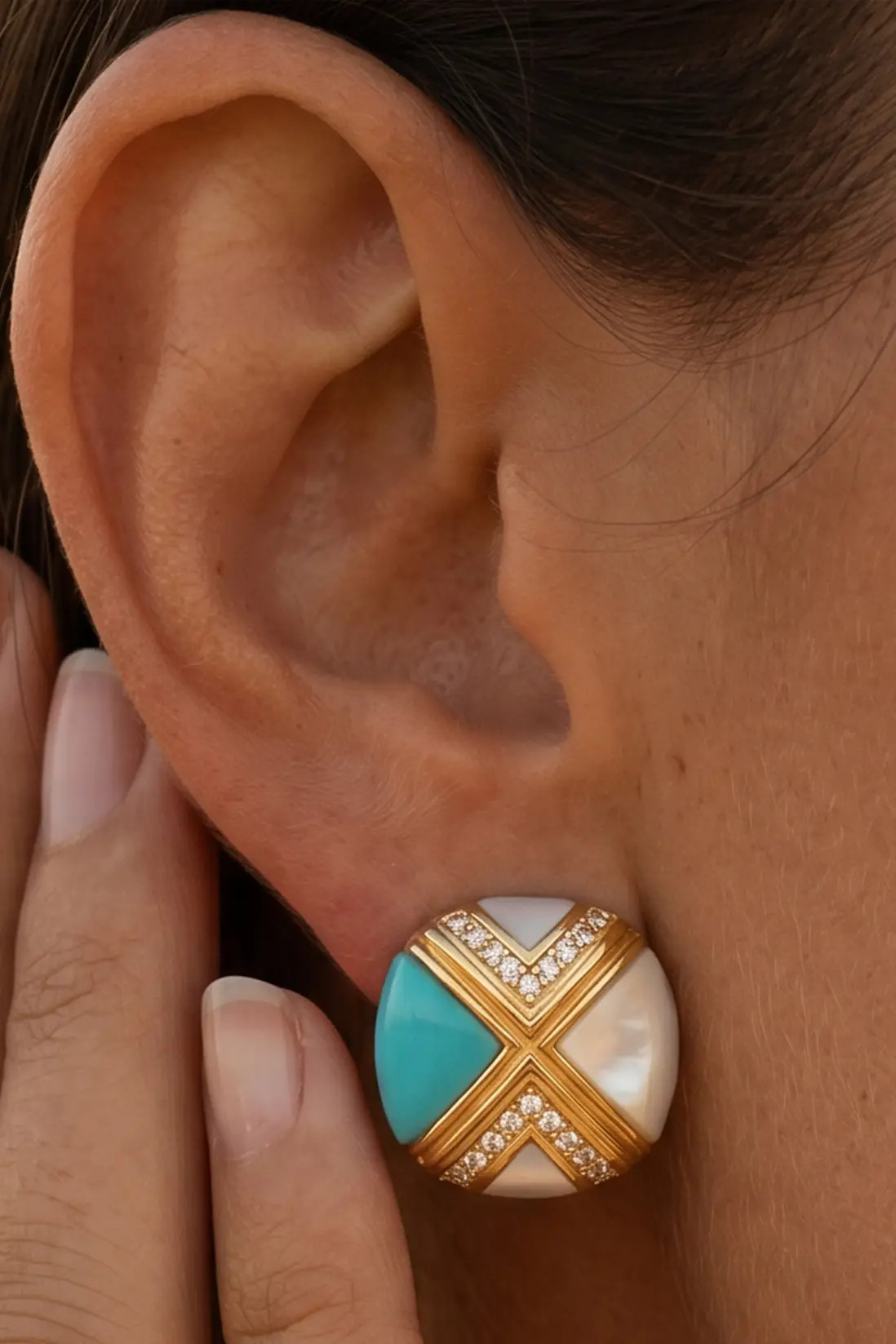 Gold MUCHV Turquoise & Mother of Pearl Square Stud Earrings | Karen Millen | Karen Millen
