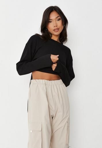 Missguided - Black Waffle Strap Detail Long Sleeve Crop Top | Missguided (US & CA)