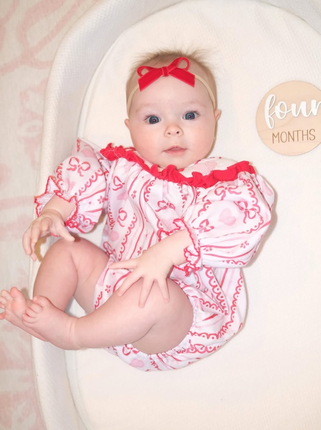 4 MONTHS!? 🥹 She is growing so fast! She is the happiest baby and is so sweet. She loves her sisters and is always watching everything that Ellie does. We are so excited to see her grow over the next month and learn so many new things! 🥹🤍
#LTKValentine 

#LTKBaby #LTKmomlife