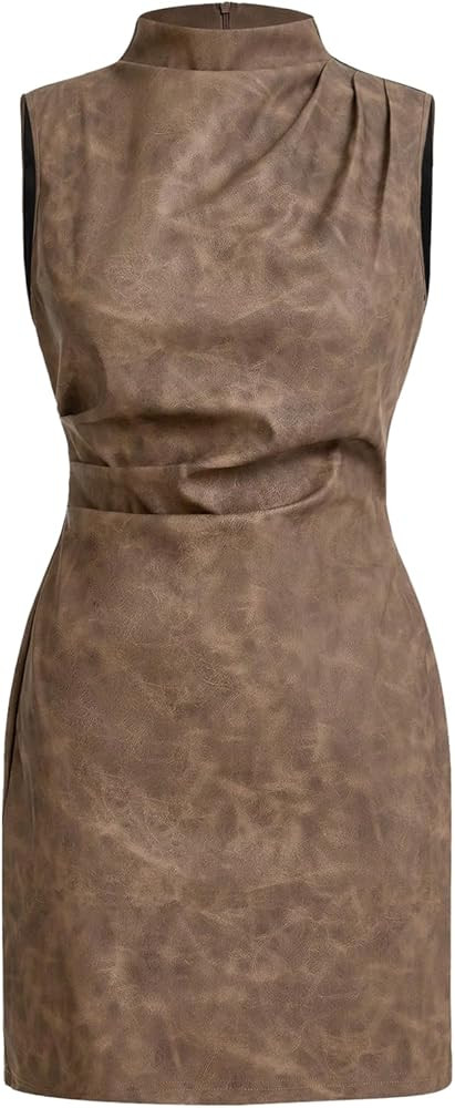 RoseSeek Women's PU Leather Ruched Bodycon Dresses Mock Neck Sleeveless Zipper Mini Tank Dress | Amazon (US)