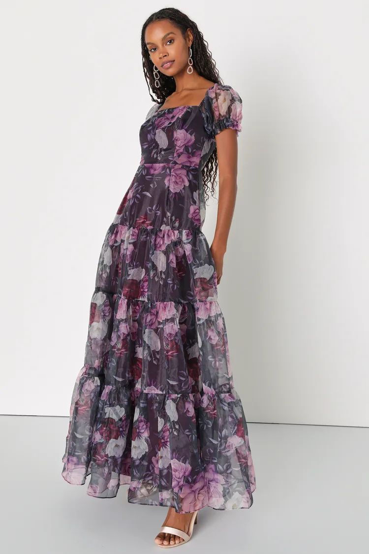 Delightful Expression Black Floral Organza Tiered Maxi Dress | Lulus
