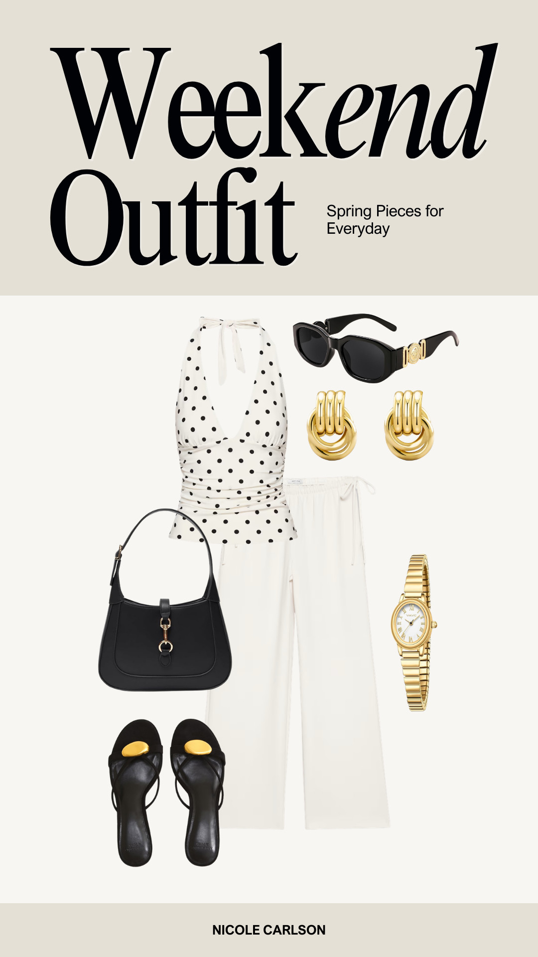 Spring weekend outfit inspo for brunch, vacation, or classy occasion. Polka dot halter top from Aritzia and gold accessories from Amazon.  

 

#LTKootd #LTKSeasonal #LTKU