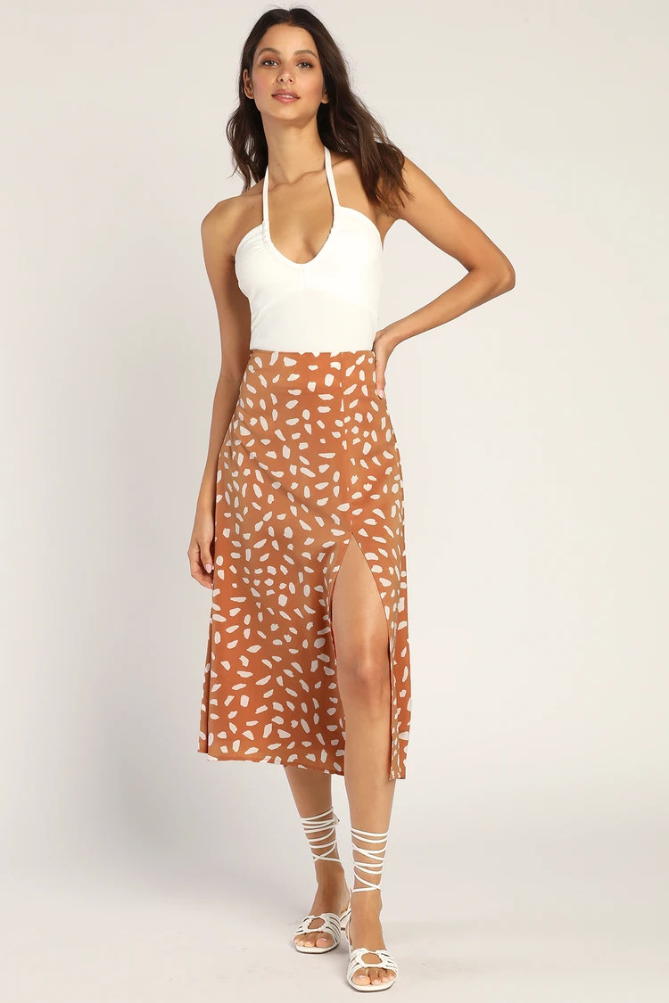 Getting Glam Peach Print Slit Midi Skirt | Lulus (US)