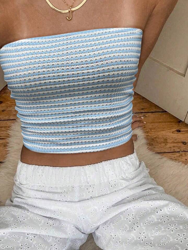 INAWLY Summer Color-Block Textured Open Shoulder Women's Tube Top | SHEIN